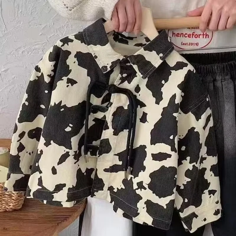 

Boys spring contrast color short Coat children turn-down collar loose casual Cardigan jacket