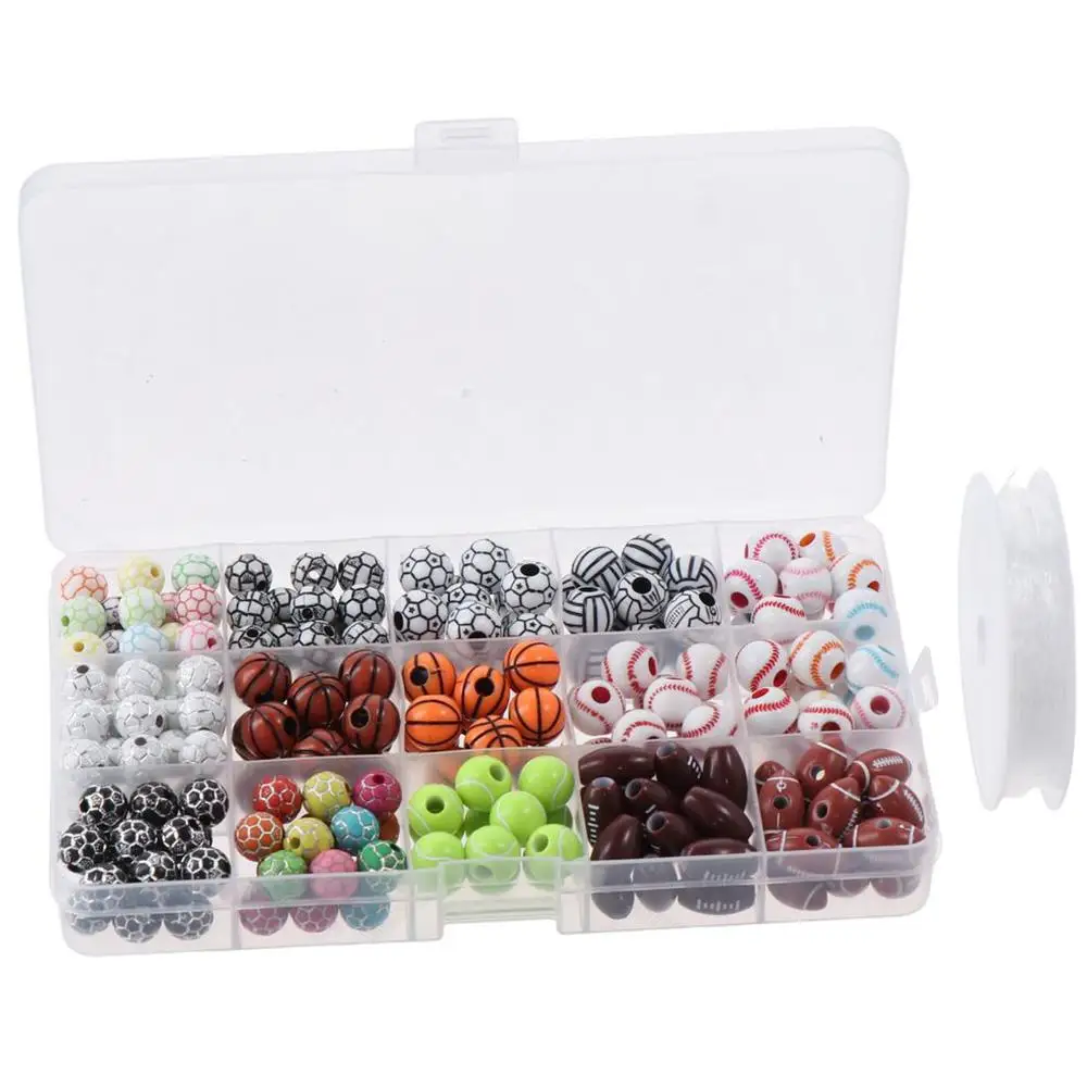 200 قطعة الخرز الرياضي الاكريليك كرة القدم البيسبول الرياضة الكرة الخرز الجولة 1 لفة مطاطا حبل المهر الخرز الأشكال سوار