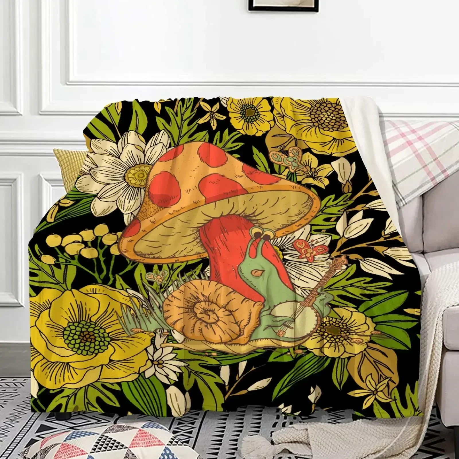 Mushroom Hippie Blanket Moth Gothic Witchy Flannel Throw Blankets for All Season Sun Moon Fuzzy Soft Bed Sofa Office Blanket