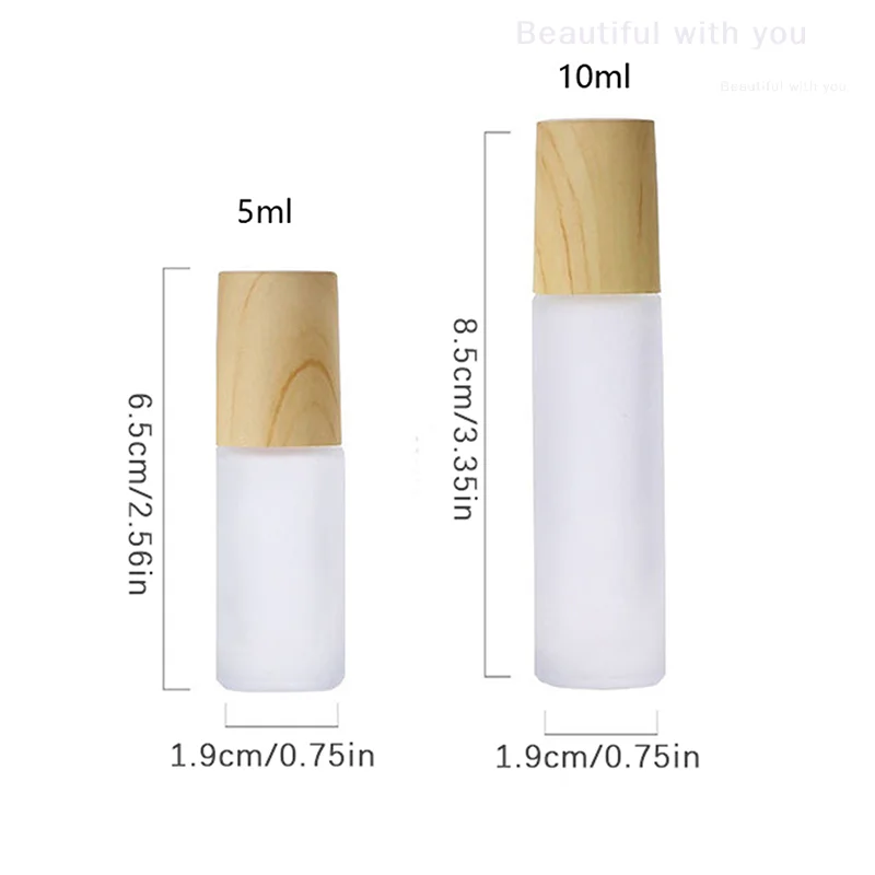 5ml10ml Frosted Glass Roller Bottle Wood Grain Plastic Cap For Essential Oils Roll-On Bottle With Stainless Steel Roller Ball