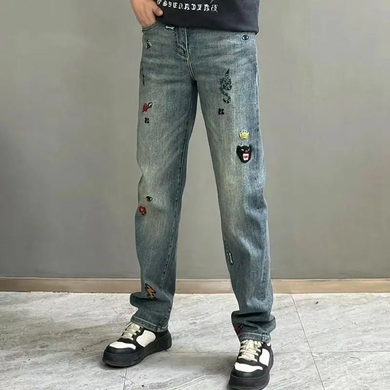 Ropa de lujo para hombre, pantalones informales rectos bordados de gama alta, holgados y versátiles, bonitos, nueva moda 2025, 2025