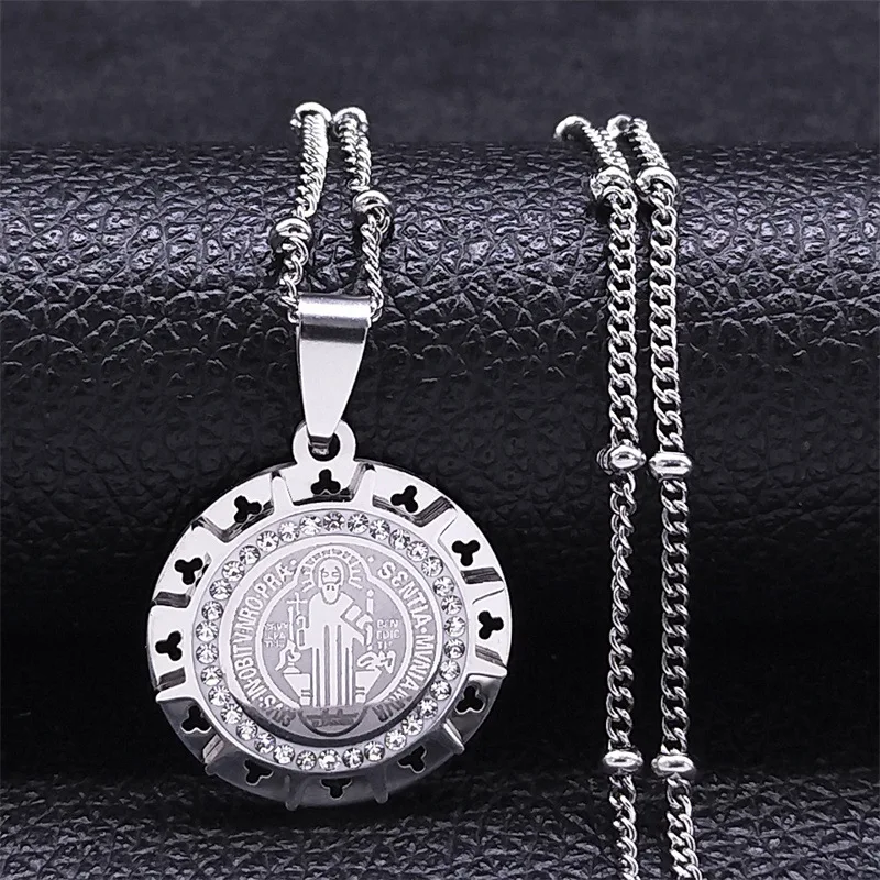 HNSP Saint Benedict of Nursia Medal Stainless Steel Pendant Chain Necklace For Men Jewelry Religion Accessories