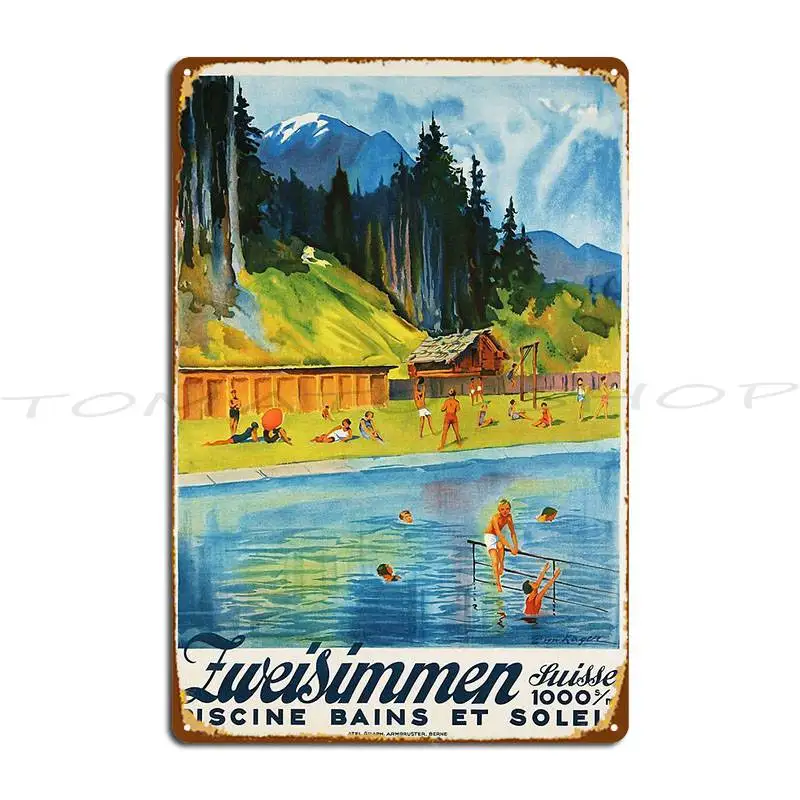 Zweisimmen Piscine Bains Et Soleil Switzerland 1932 Vintage Travel Metal Plaque Classic Cinema Bar Iron Tin Sign Poster