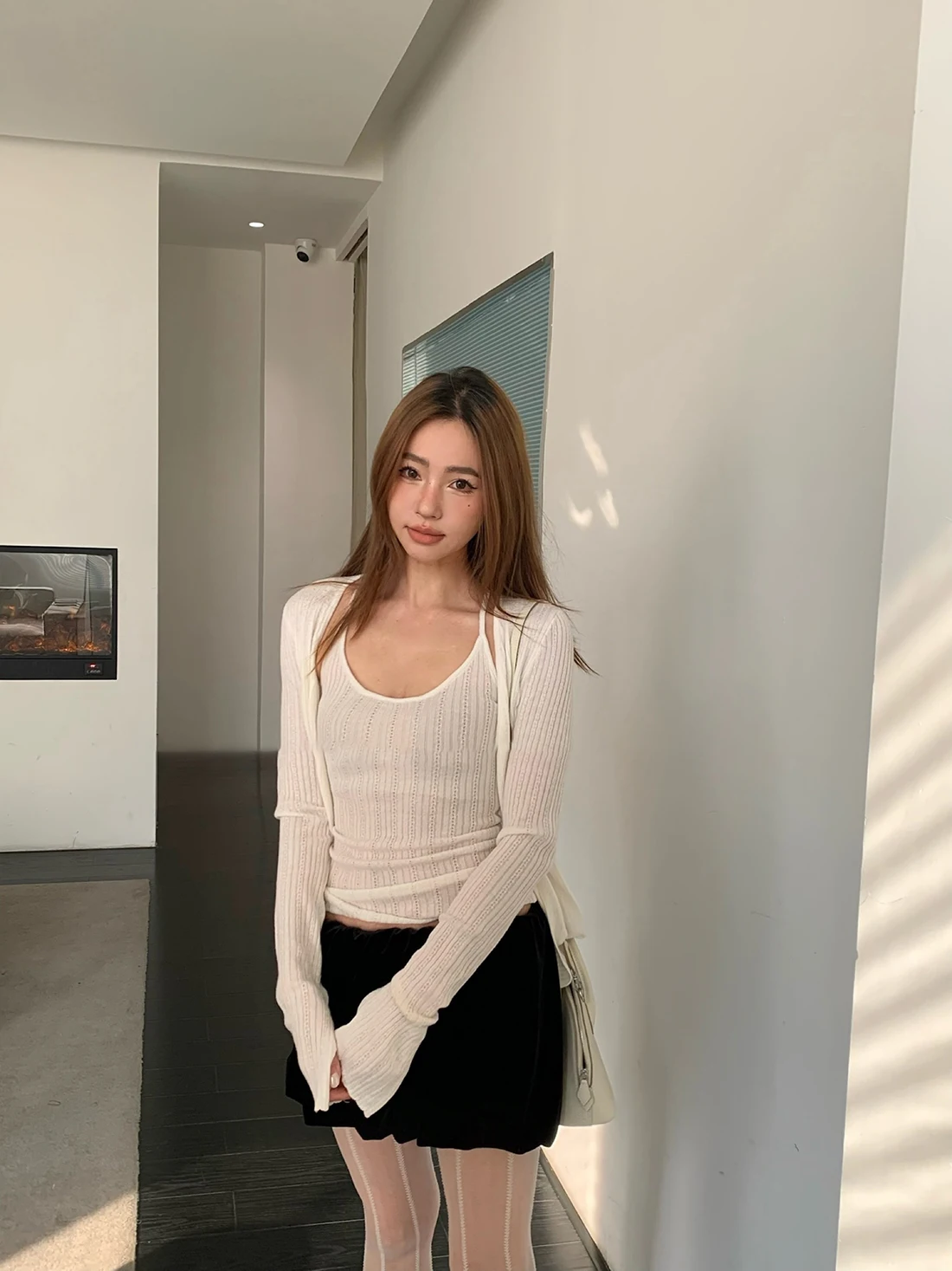 

Slimming Knitted Cardigan And Tank Top Set Casual Sle Spring New Arrival Sexy Girl Long Sve ort Length Polyester Fiber