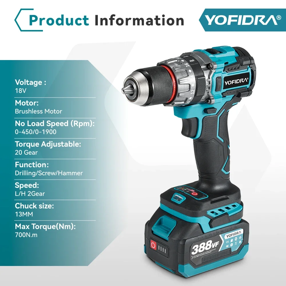 YOFIDRA 13mm 20+3Torque Brushless Electric Drill Screwdriver Cordless Ice Breaking Loose Soil Impact Drill For Makita 18VBattery