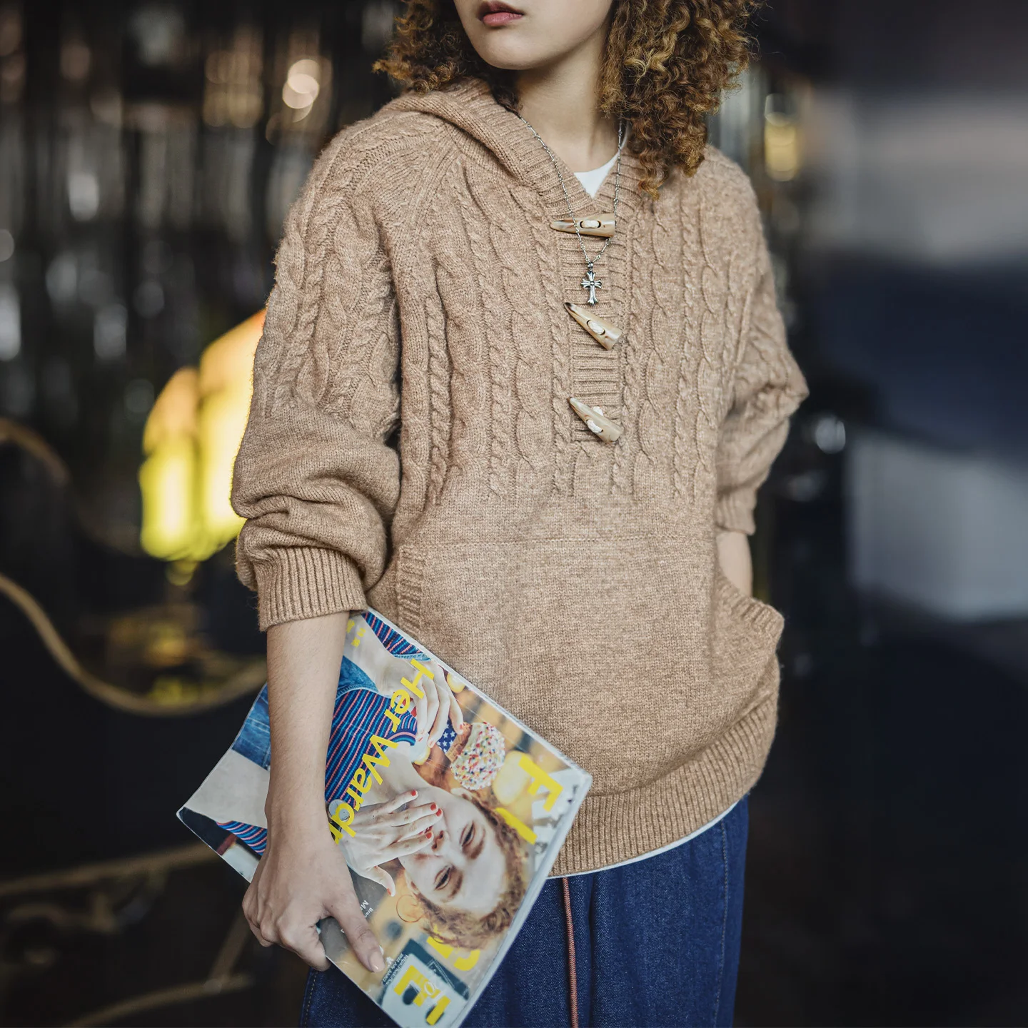 Maden Women Hooded Knit Pullover Sweater Thick Loose Fit Autumn Winter Casual Warm Duffle Button Hoodie Vintage Streetwear