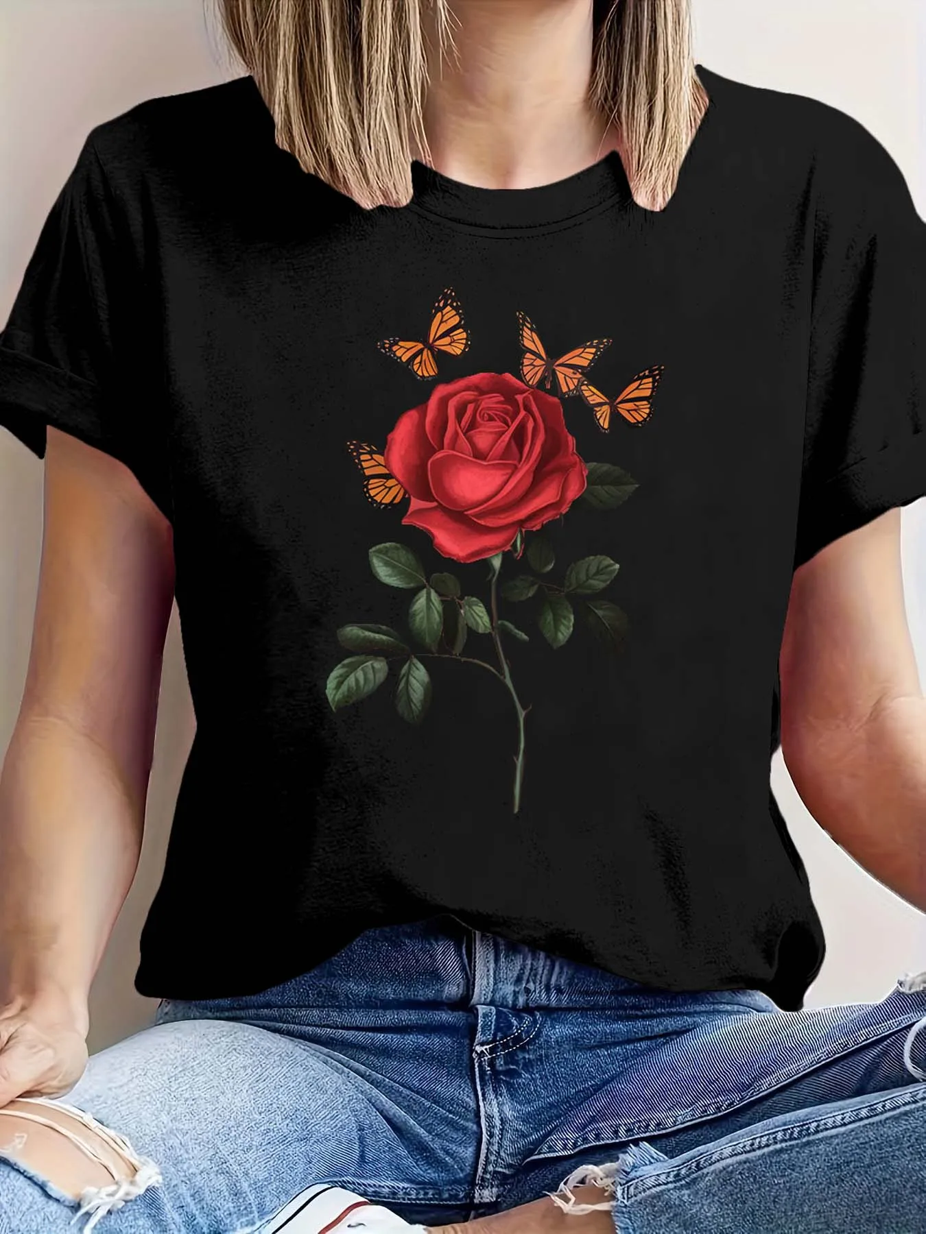 Camiseta Elegante De Moda Con Gráfico Artístico De Rosas  Mariposas De Talla Grande Para Amantes Estilo Romántico Free Shipping