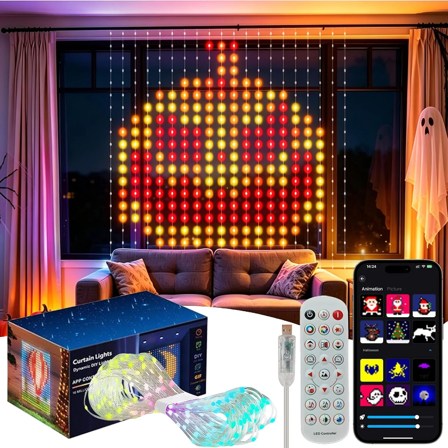 DIY Pattern LED Curtain Light RGB APP Music Party Decor Glow for Living Room Backdrop Wall Remote Timer Brightness Setting