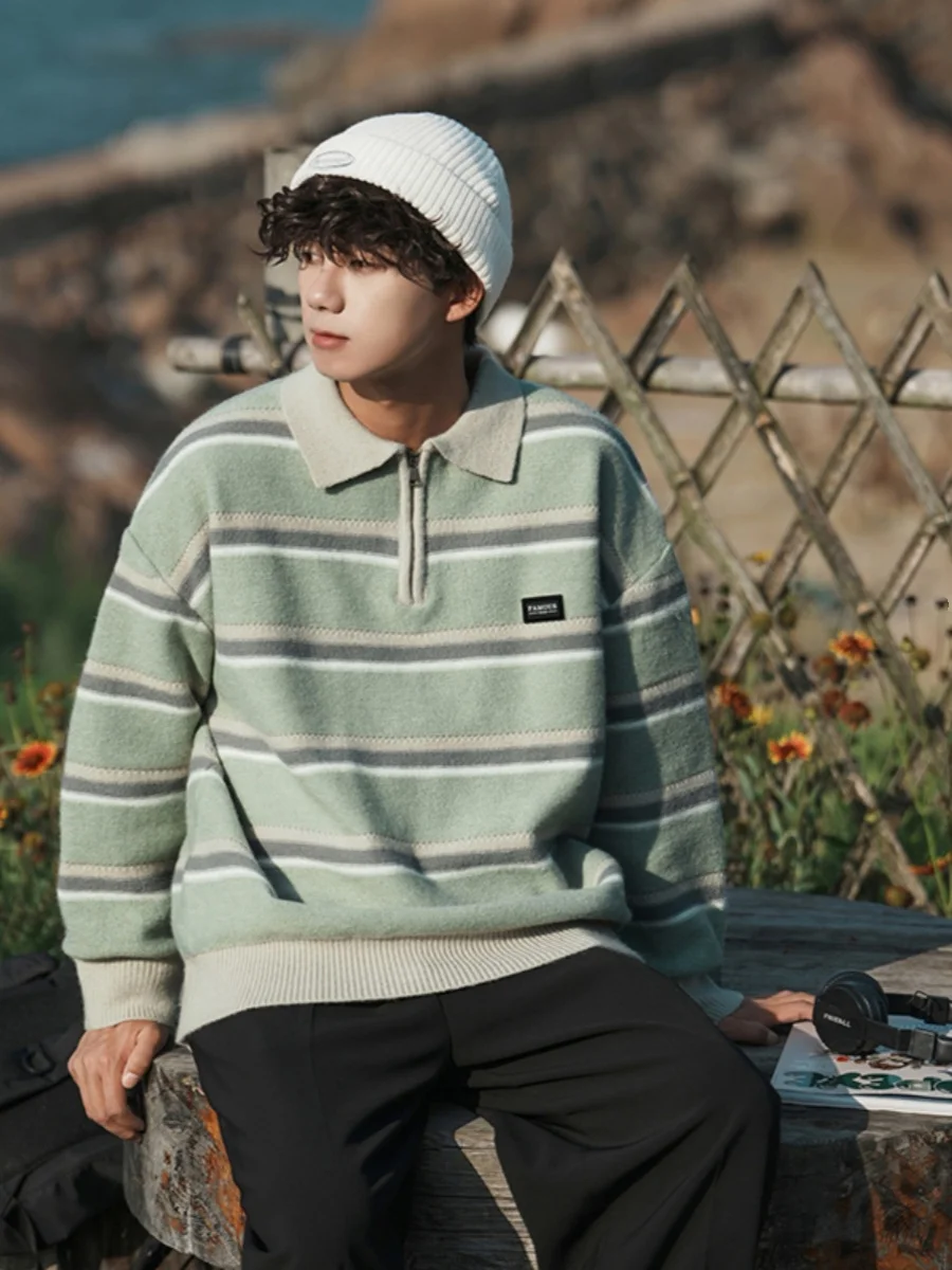 Spring and Autumn New Japanese Style Men's Blue Half-Zip Sweater Loose Casual Striped Green Navy Blue Turn-Down Collar Knitwear