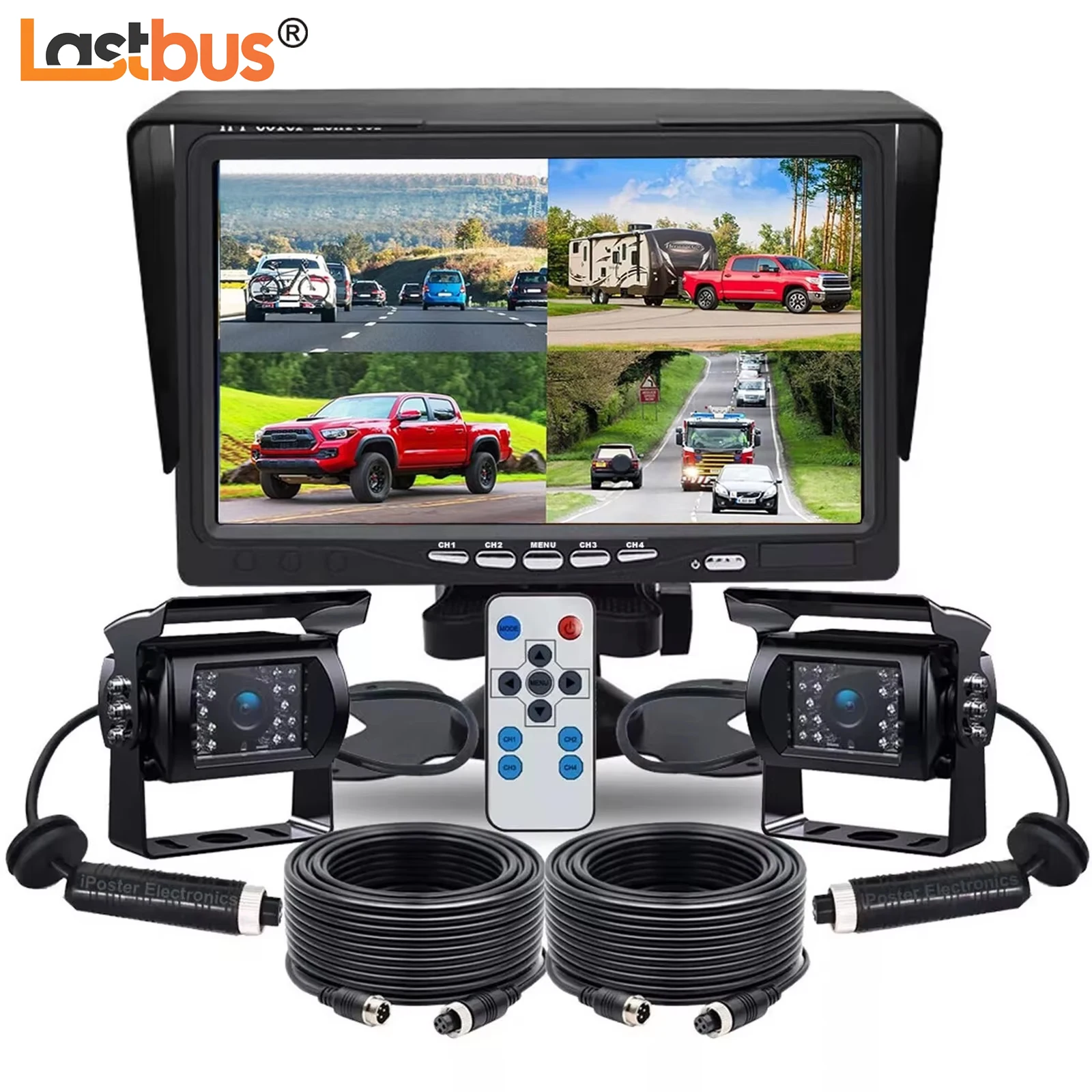 

Lastbus 7" Quad Monitor Split Screen +2x 4PIN CCD Rear View Reversing Camera Waterproof 18 IR LEDs Night Vision For Truck Bus