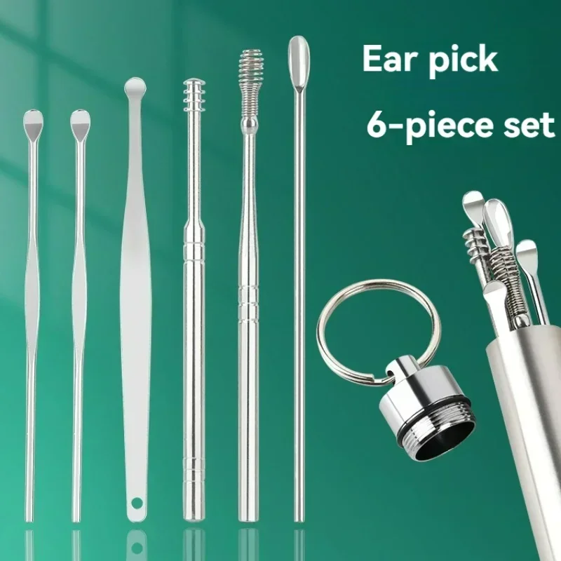 

6pcs Stainless Steel Ear Wax Removal Tool Set Spiral Rotating EarPicking Spoon Ear Picker Spoon For Cleaning Collecting Ear Wax