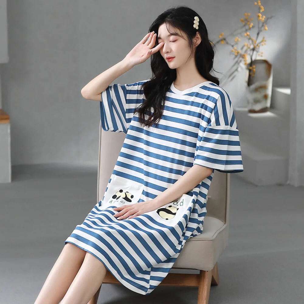 

Women Nightgowns Knitted Cotton Sleepwear Big Size S-5XL Sleep Dress Nighttie Striped Sleepshirts Nightwear Ladies Dress Home