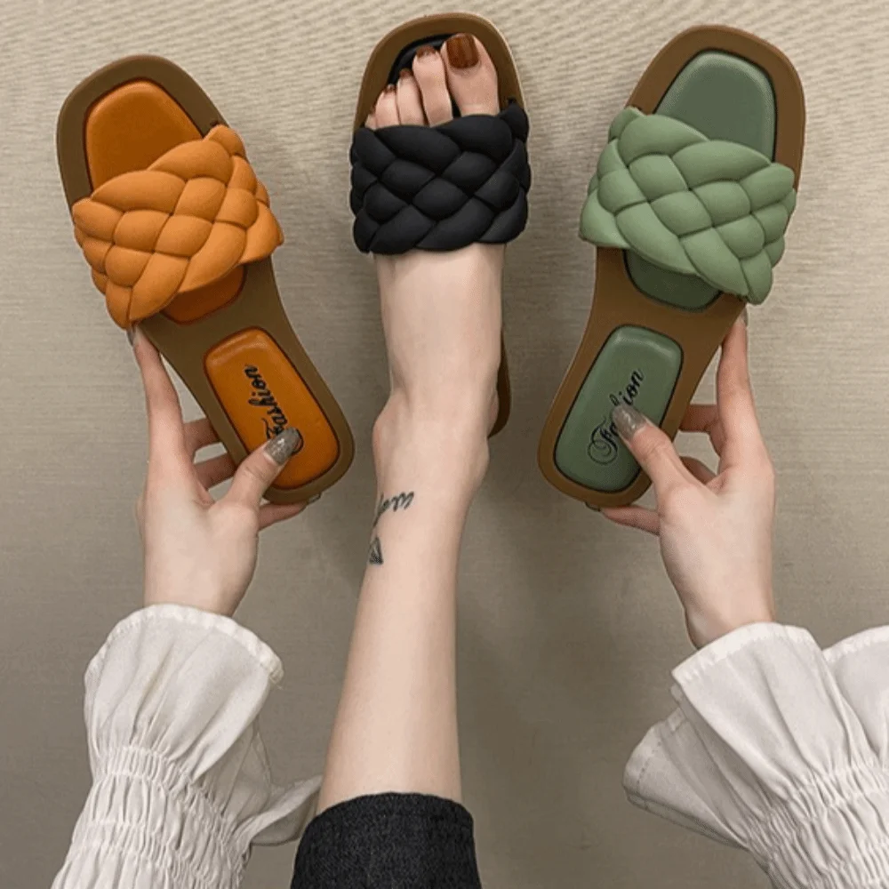 

New PVC Women Beach Slippers Woven Open Toe Casual Sandals Anti-Slip Women Flat Slippers Summer Season