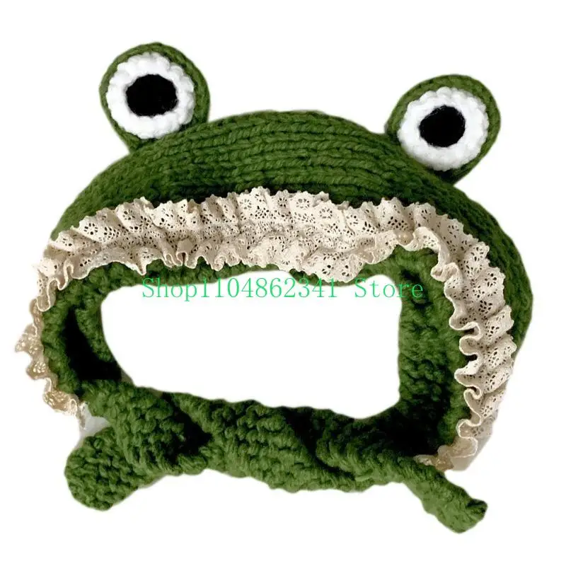 652F All-match Knitted Hat Little for Frog LaceBeanie Hat Woolen Hat Ear Protect Head