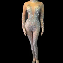 Shining Silver Rhinestones Nude Jumpsuit Women Sexy Performance Bodysuit Female Rompers Stage Wear Dance Wear Nightclub Outfits