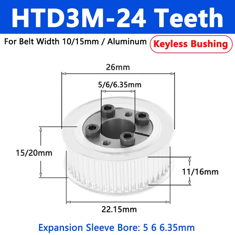 

1pc HTD3M Keyless Bushing Timing Pulley 24 Teeth Expansion Sleeve Synchronous Wheel For Belt Width 10/15mm Bore 5 6 6.35mm