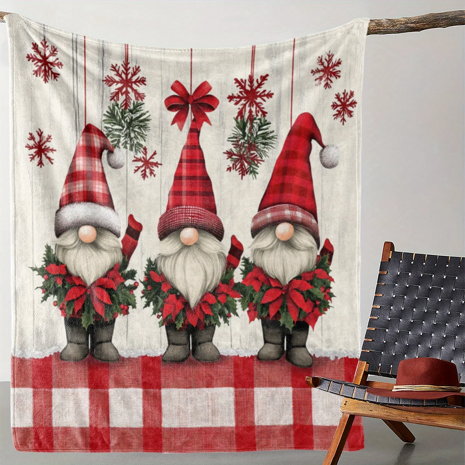 

Cozy Flannel Christmas Blanket with Plaid Gnome Snowflake Design Soft Warm Throw for Couch Bed Car Office Camping