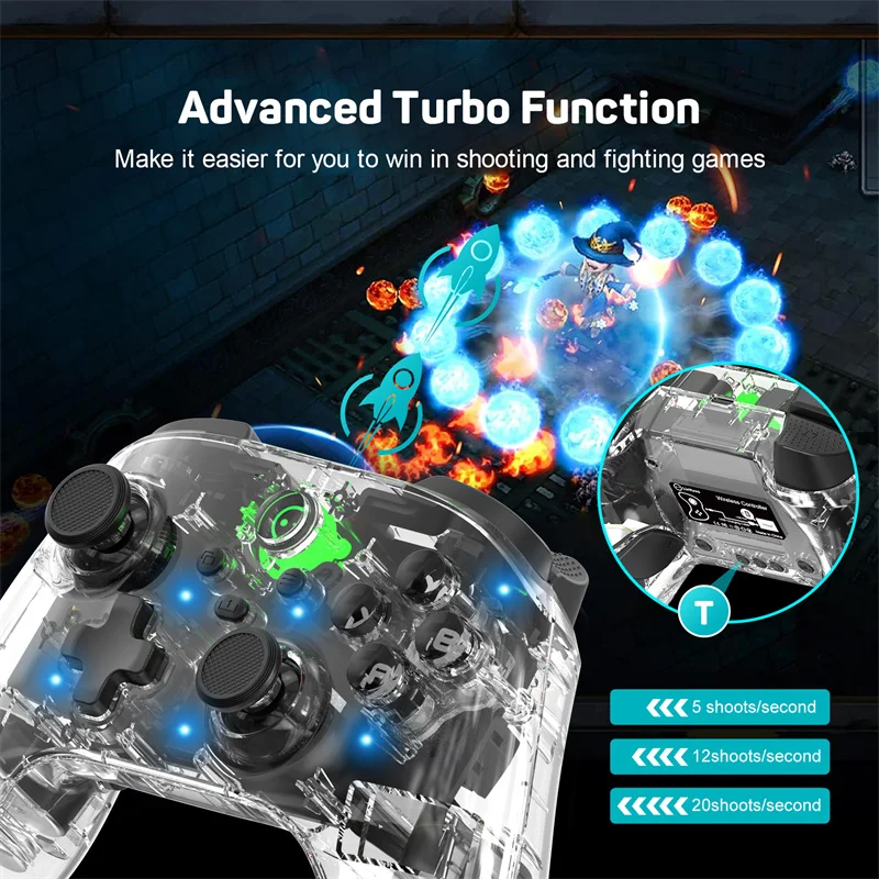 LinYuvo KC07 Por Crystal Button Wireless Gamepad Joystick With 6-axis/Turbo Feature For Nintendo Switch/Switch OLED/Android/IOS