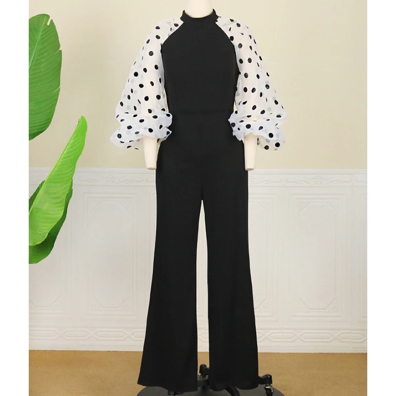 Autumn Black Jumpsuits Patchwork Plus Size Polka Dot See Through High Waist Slim Elegant Office Lady One Piece Fashion Bodysuit