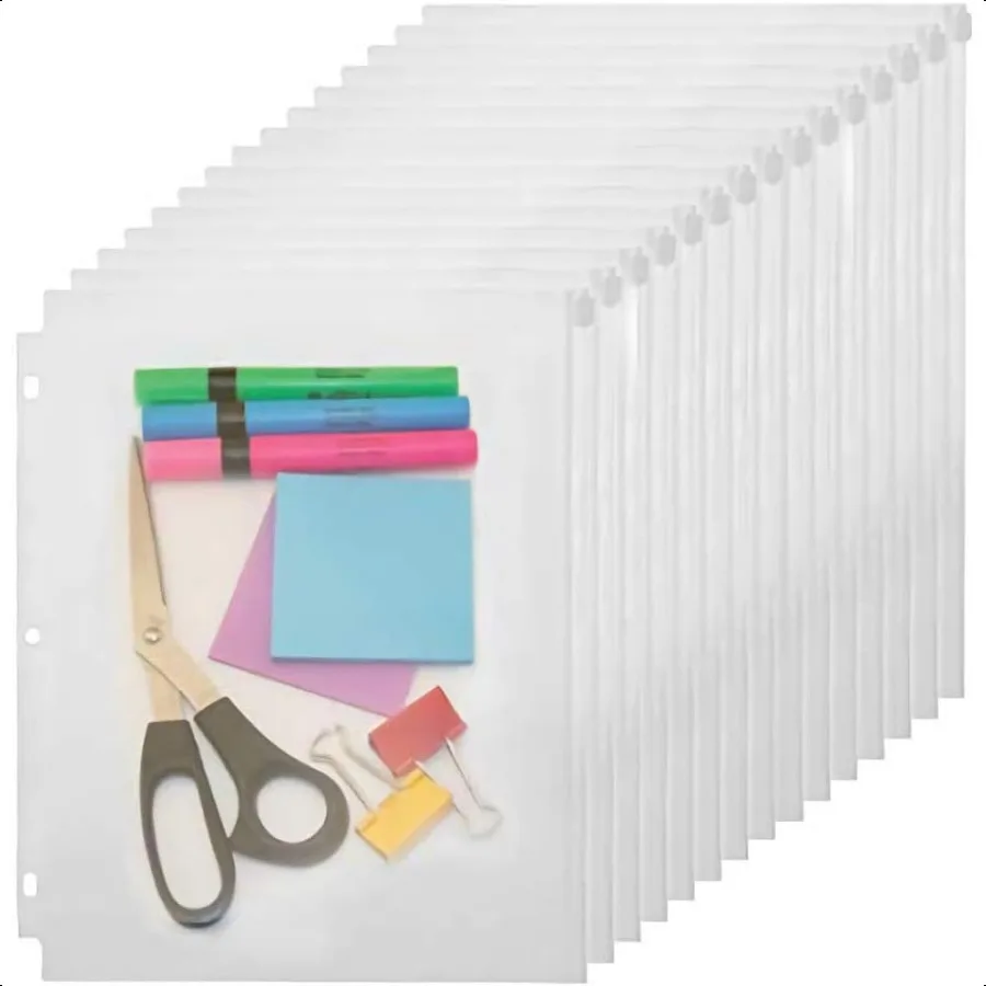 

3 Holes Clear PVC Zipper Binder Pocket Insert Pages Letter Size 8 1 2 x 11 Loose Leaf Binder Filing Storage Bags 15 Per Pack