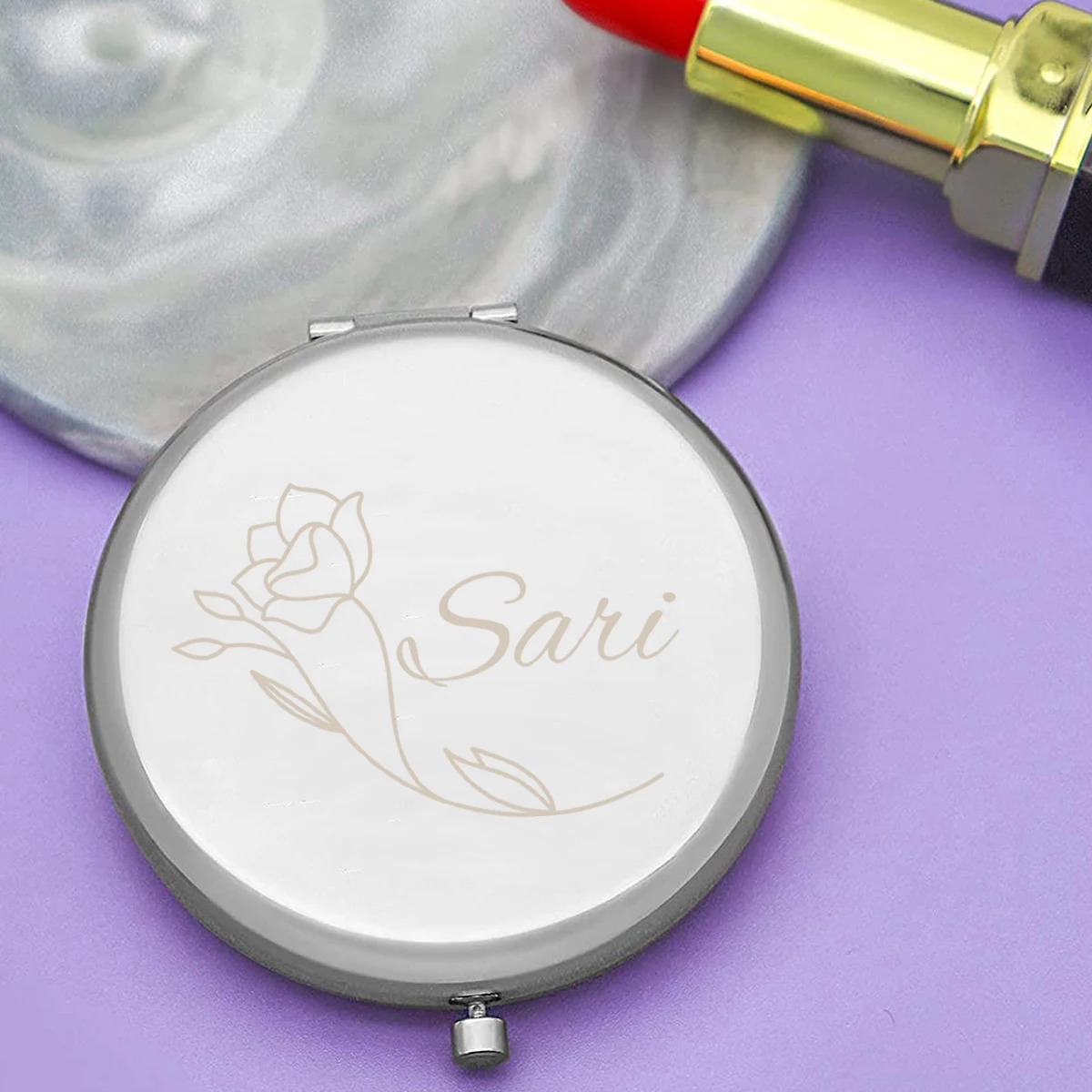 1pc Lovely rose Customized Text Pocket Mirror Round Circle Mirror Folding Mirror Birthday GiftAnniversary gifts