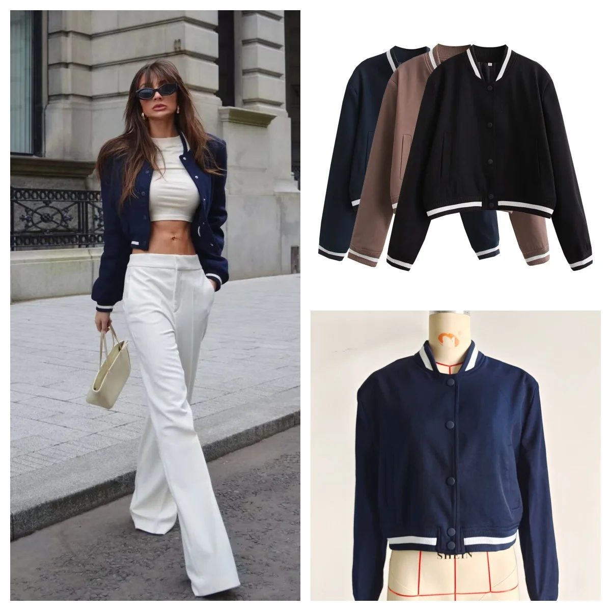 

BWQ New contrast color stand collar jacket for women fashionable and versatile loose casual baseball jacket tops 2025