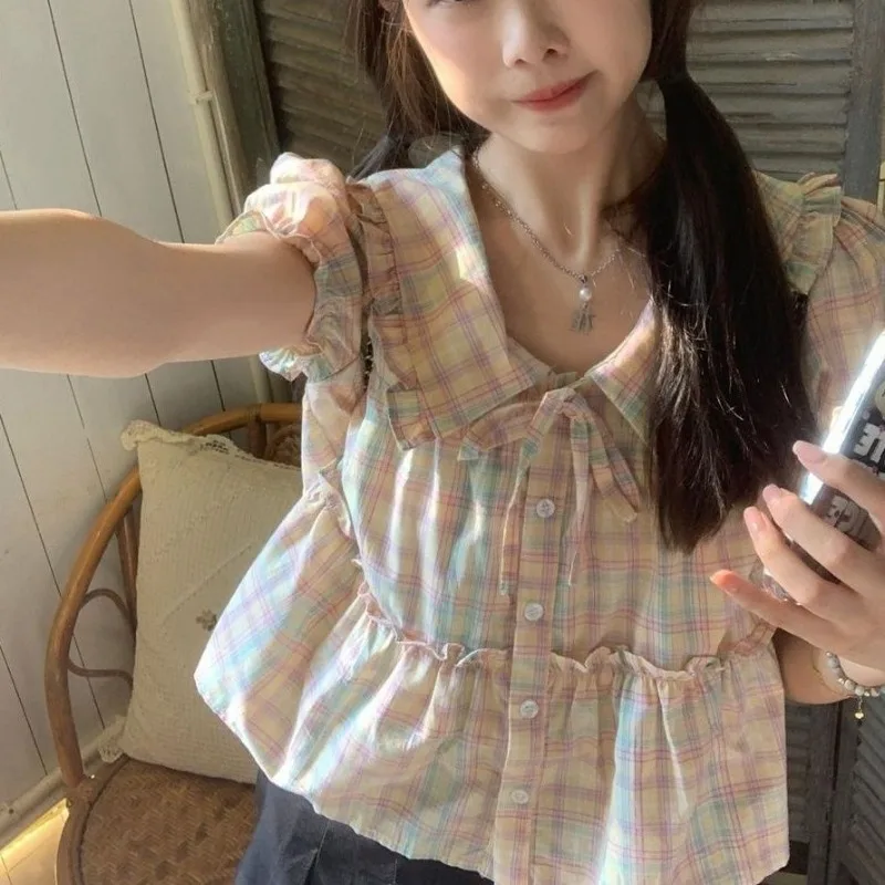 

Sweet Plaid Shirts Women Japanese Cute Peter Pan Collar Tie Puff Sleeve Crop Top Summer Ruffle Design Versatile Blouse