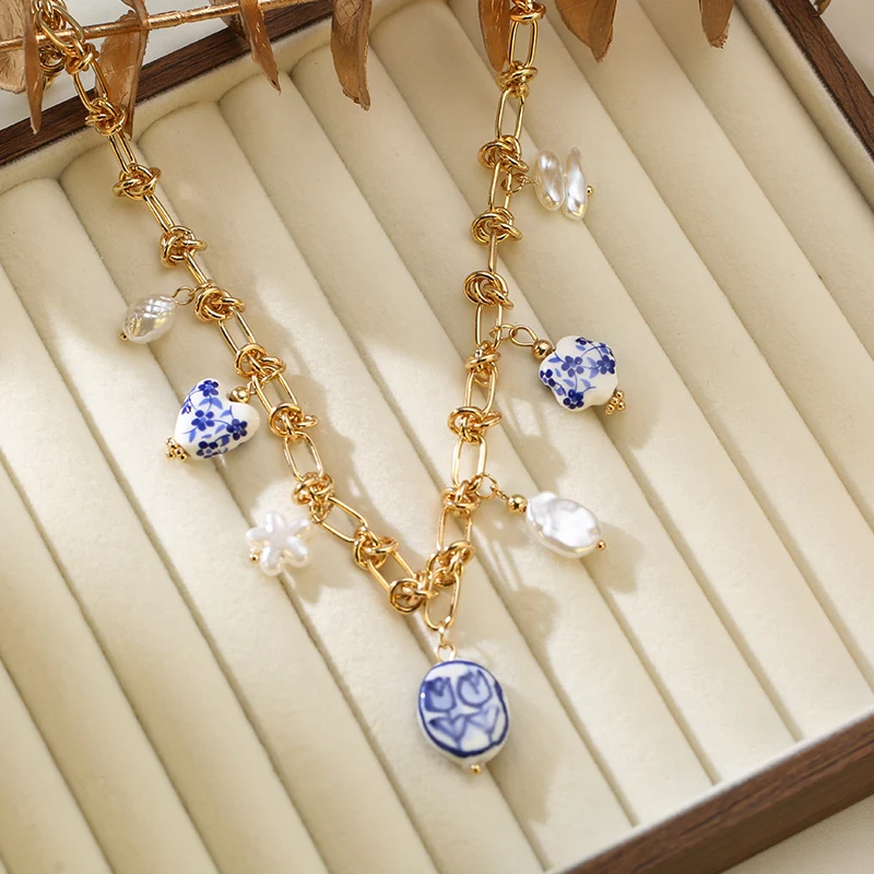 EILIECK 316L acier inoxydable breloques perle étoile céladon pendentif goutte collier pour femmes doré populaire été mode bijoux