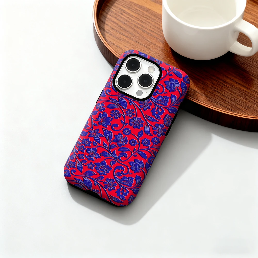 Luxo vermelho & azul florais caso de telefone para iphone 17 16 15 14 13 12 11 pro max air plus luxo dupla camada capa traseira