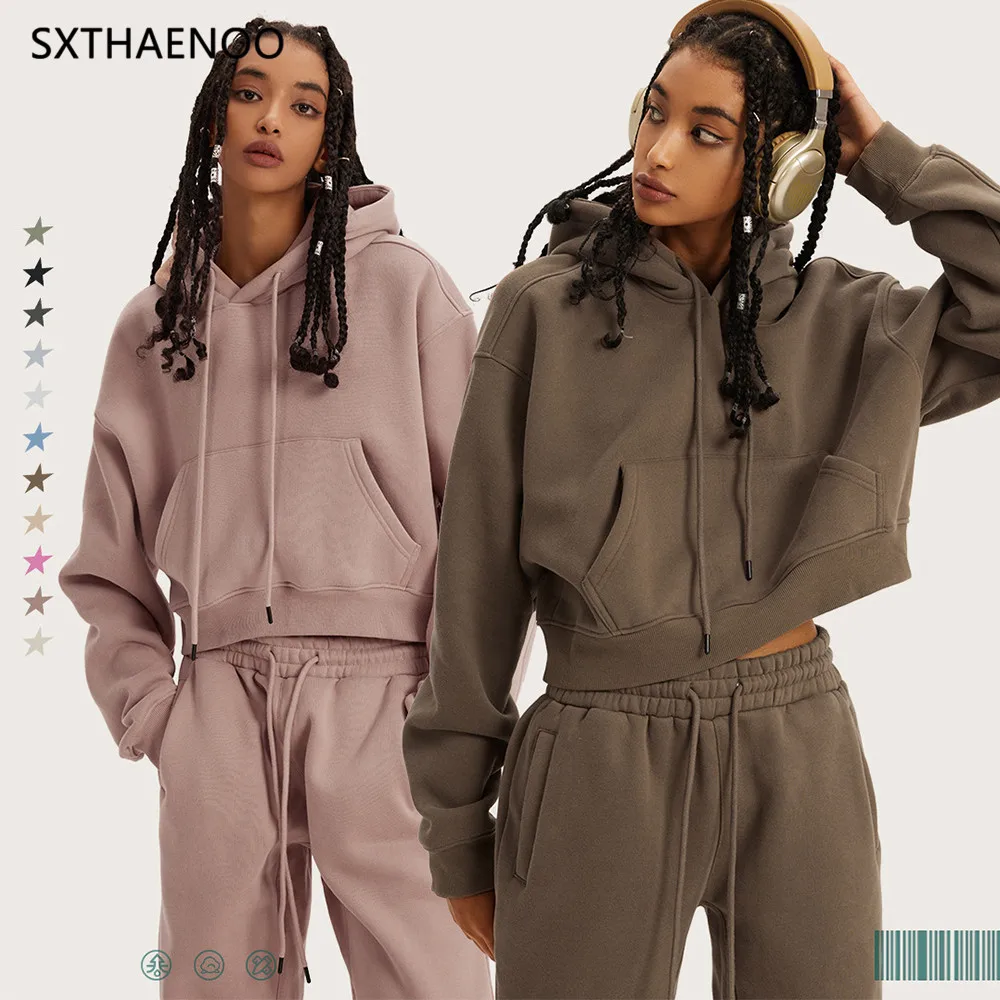 

SXTHAENOO Chic Sexy Women Super-short Fleece Cropped Hoodies Girl Female Hip Hop Loose 345gsm Solid Hooded Pullover Streetwear