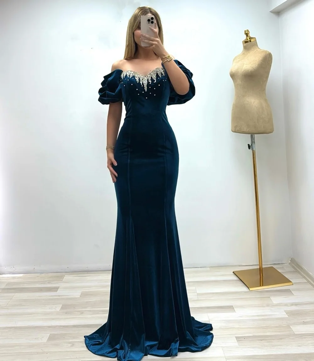 Customized Exquisite Velour Pleat Sequined Pattern Mermaid Off-the-shoulder Long Dresses Bespoke Occasion Formal
