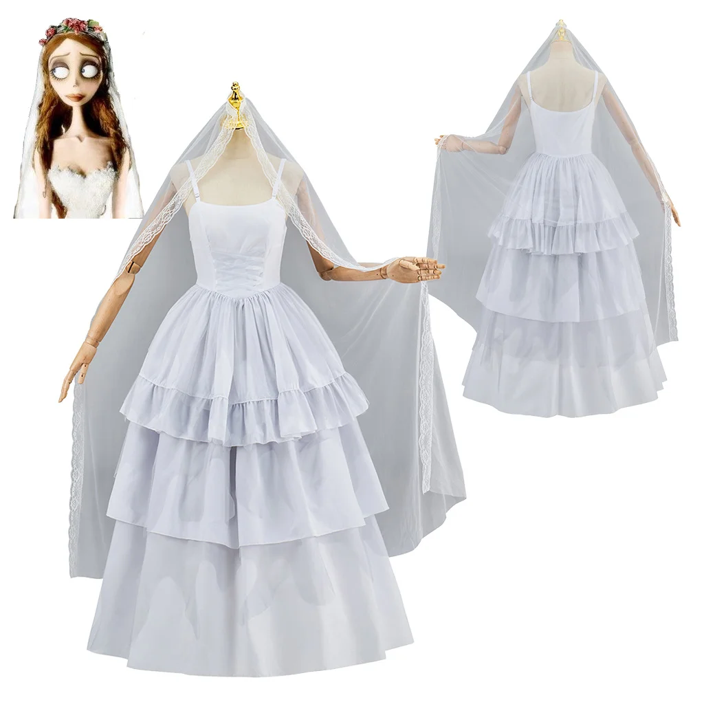 

Horror Movie Bride Cosplay Emily Costume Wedding Dress With Vail Emily Gothic Bride Dress Head Veil Halloween Party Dress