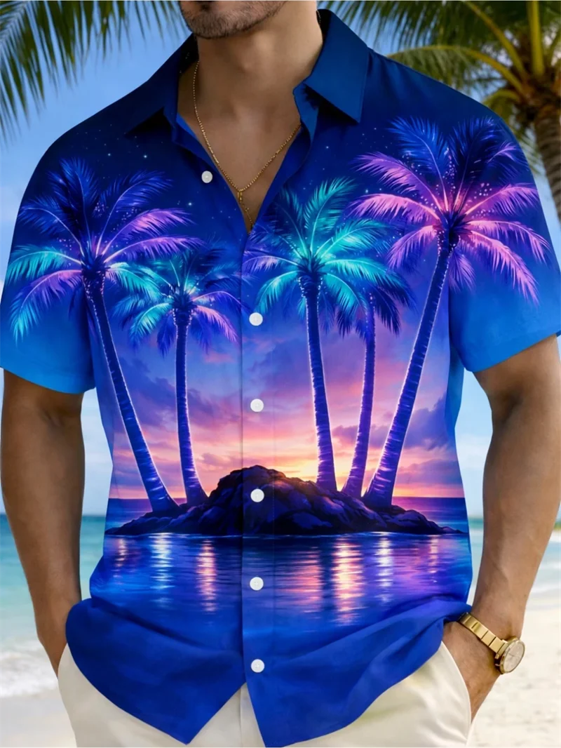 

Vibrant Tropical Hawaiian Shirt Men Neon Palm Tree Island Design Soft Casual Beach Festival Top Men's Women Shirts Clothing