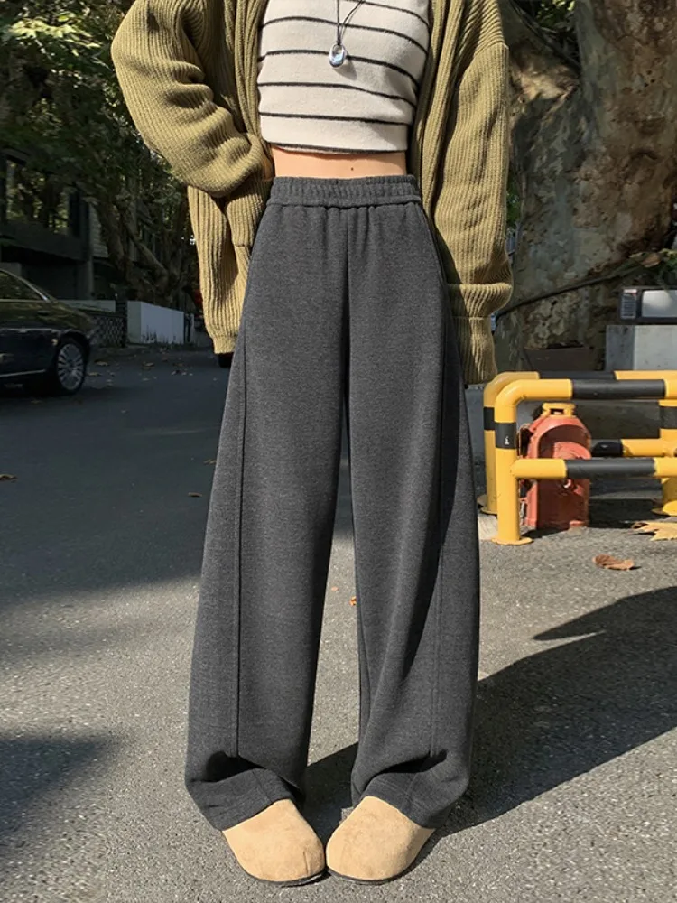 아세테이트 울 와이드 레그 팬츠 여성용 가을 겨울 부드러운 드레이프 하이웨이스트 슬림 스트레이트 레그 팬츠 캐주얼 슬레