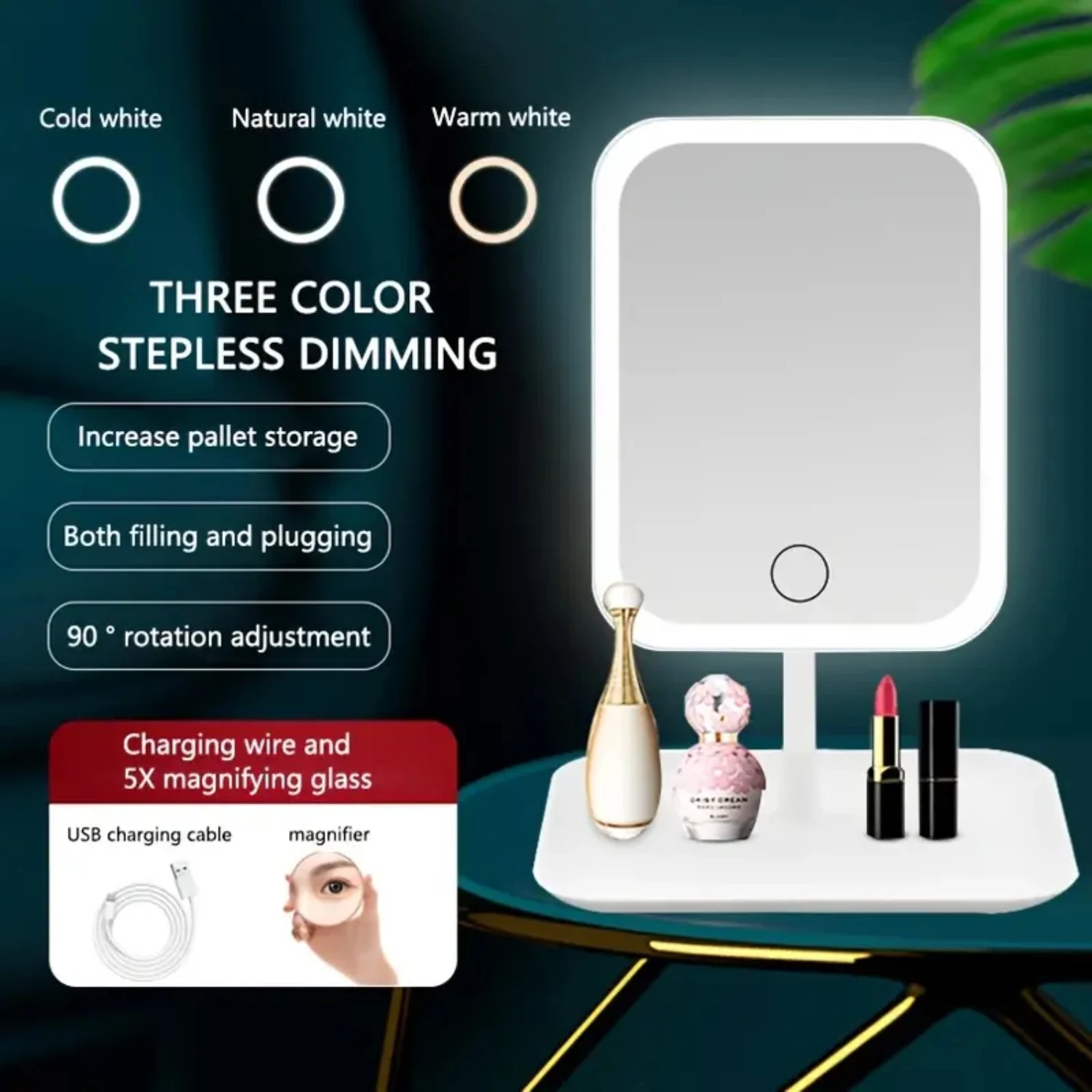 Elegant, Portable USB Charging LED Desktop Makeup Mirror - Versatile Beauty Tool for Women with 3 Color Lighting Modes and Cosme