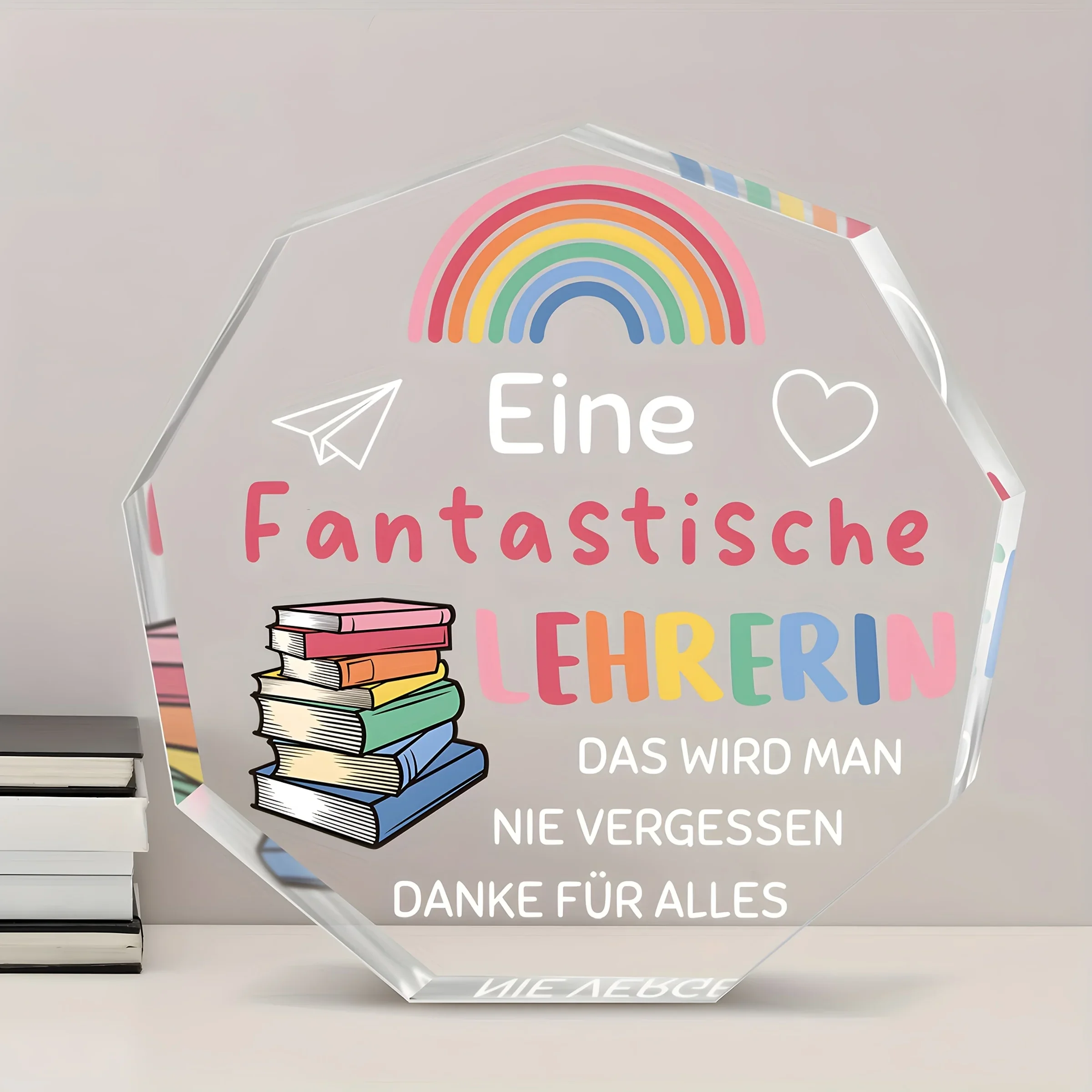 CIFBUY Acrylic Sign 2D Flat Octagonal German Teacher Appreciation Rainbow Book Paper Plane Heart Design Quote Plaque Sentimental