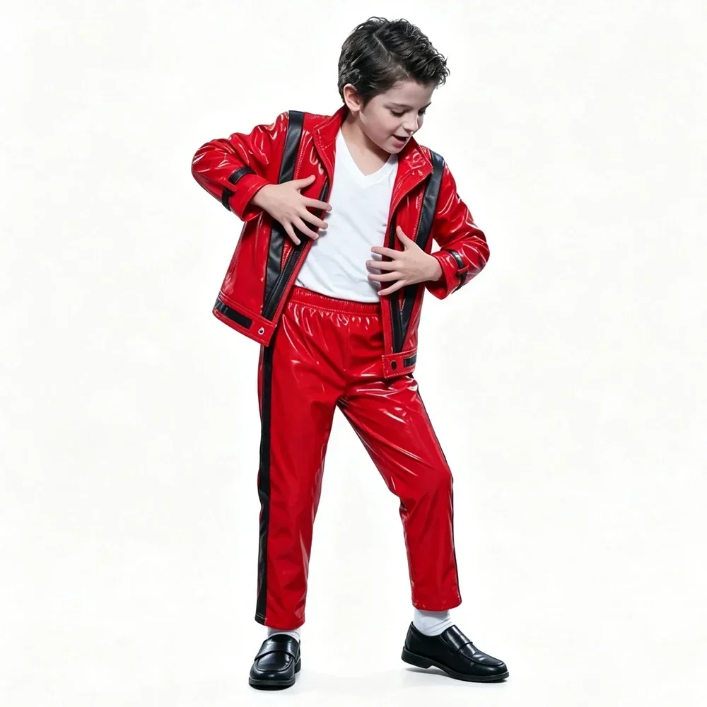 Boys Michael Red Leather Jacket Pant Set Jackson Halloween Scary Night 80s Vintage Pop Singer Thriller Party Performance Costume view 4