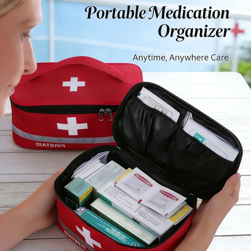 Portable First Aid Kit Empty Bag, Red Oxford Emergency Bag with Reflective Strip, Medical Pouch for Home Car Travel Camping