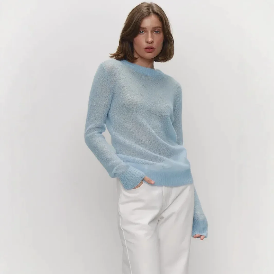Mohair Pullover Sweater round neck for women in spring and autumn new comfortable knitted base semi transparent 2026 New