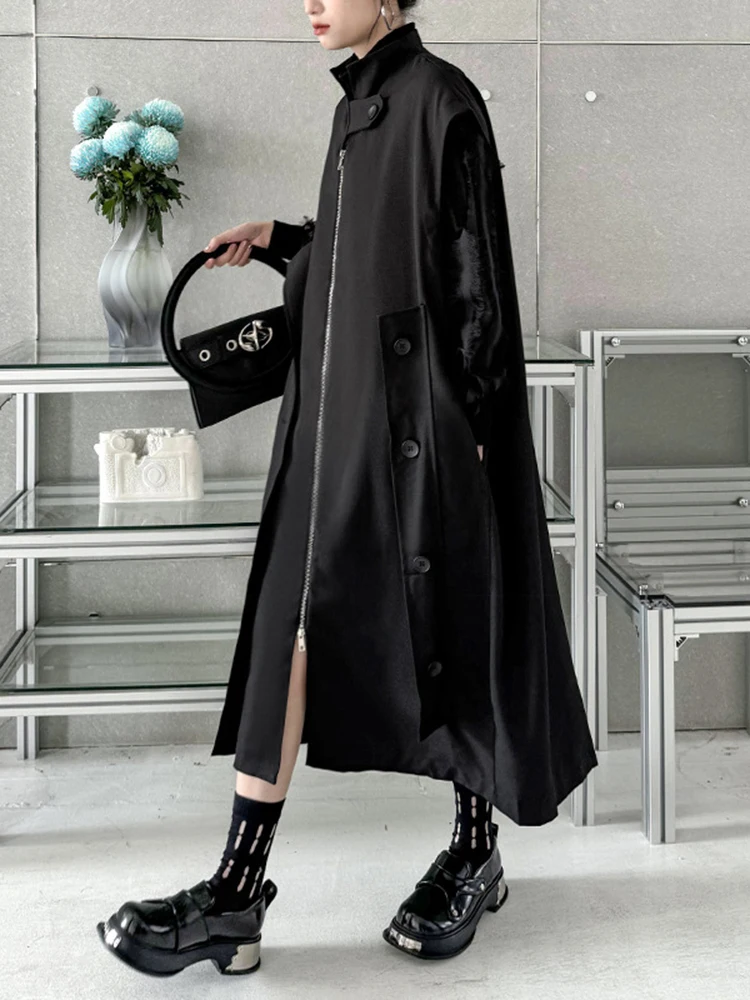 [EAM] Women Black Big Size Asymmetric Long Vest New Stand Collar Sleeveless Loose Fashion Tide Spring Autumn 2024 1DH4335