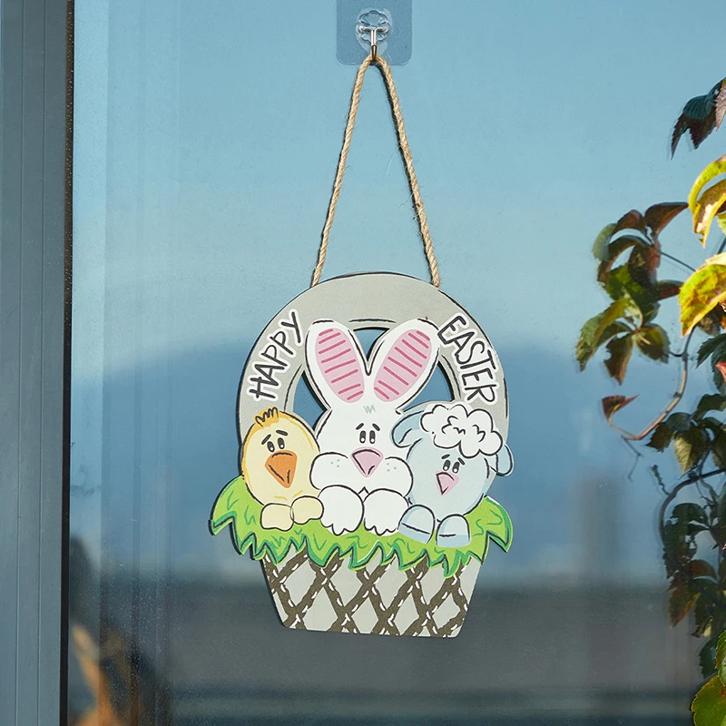 Hot Selling Easter Bunny Shaped Wooden Ornaments Creative Artificial Flower Decorations Outdoor Wooden Sign Door Hanging