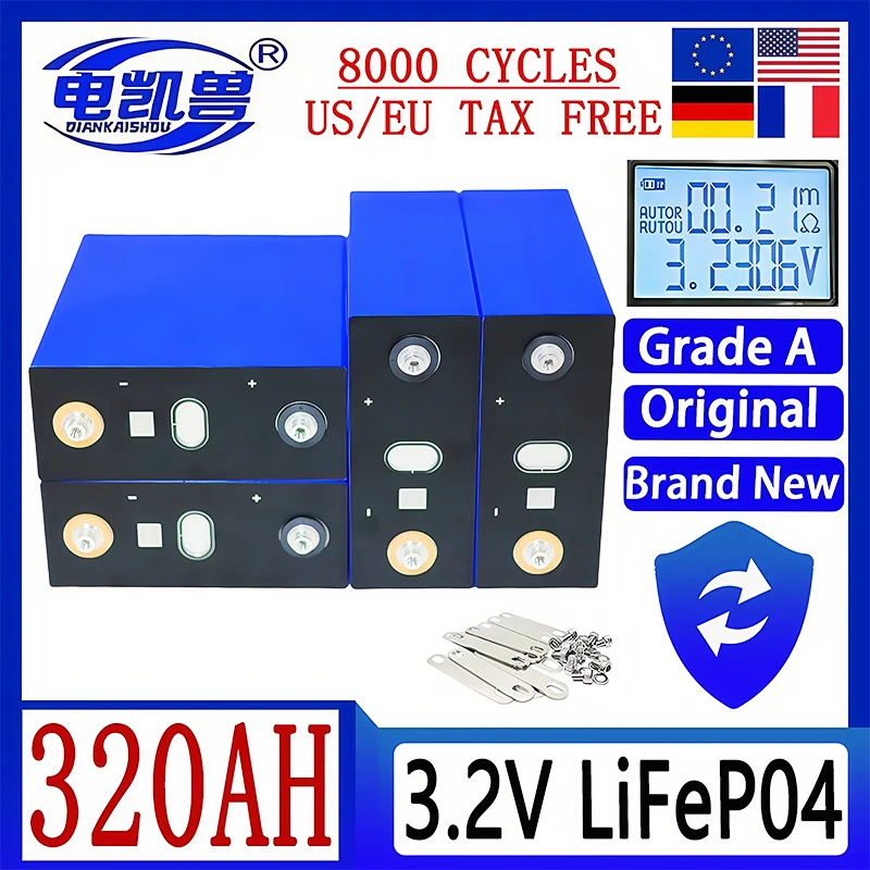 

Совершенно новая аккумуляторная батарея LiFePO4 3,2 В класса A, 320 Ач, 8000 циклов, подходит для электромобилей DIY 12 В, 24 В, 48 В, солнечных блоков