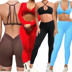 2Pcs Pad Long Short Sleeve Crop Tops Women Gym Yoga Set Sport Gym Scrunch V Back Fitness Leggings Workout Pant Active Suits