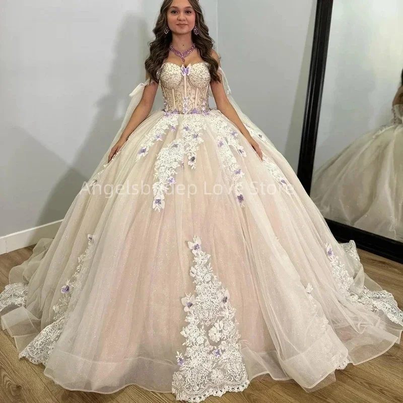 فستان كرة مزين بالخرز على الكتف من Angelsbridep ، فستان سهرة ، فستان Quinceanera ، شامبانيا خفيف ، عمر 15 عامًا