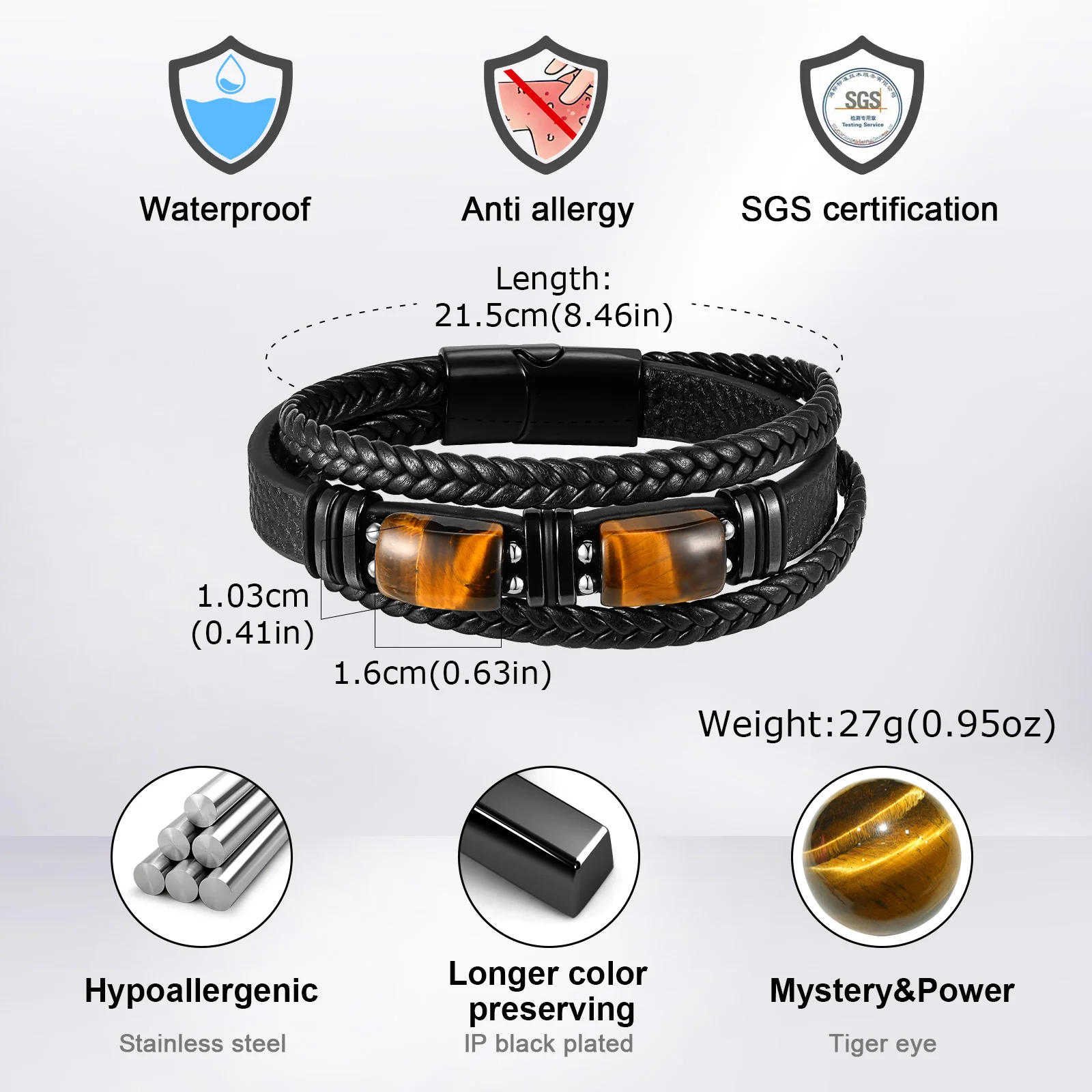 Vnox Mehrschichtiges Geflochtenes Lederarmband für Männer, Tigerauge Lapislazuli Perlen Magnetverschluss Armband Trendiger Männerschmuck Geschenk – Detail 10