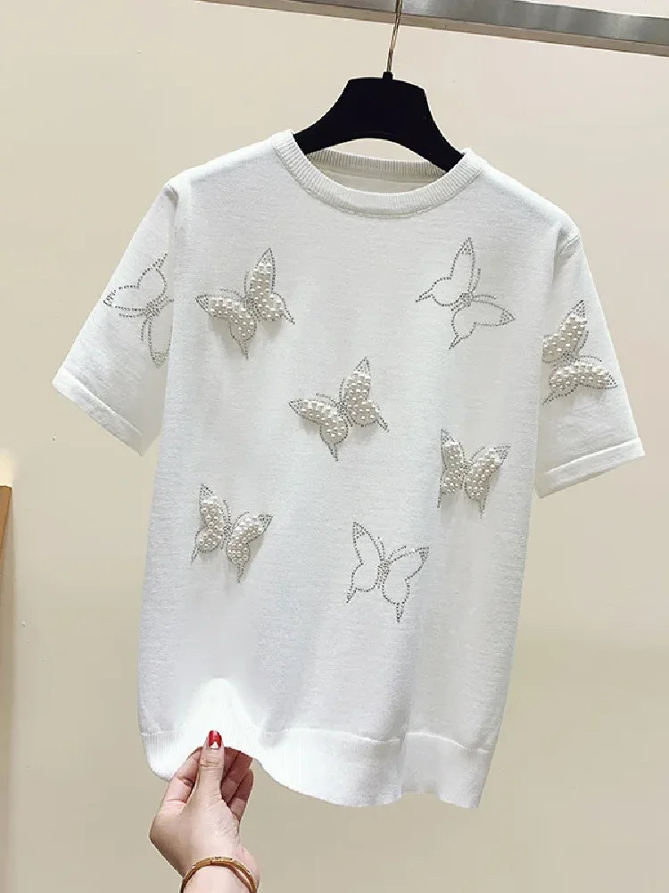 T-Shirts Women Casual Knitted Beading Solid All-match Korean Fashion Popular Streetwear Summer Short-sleeved Tops Harajuku Ins