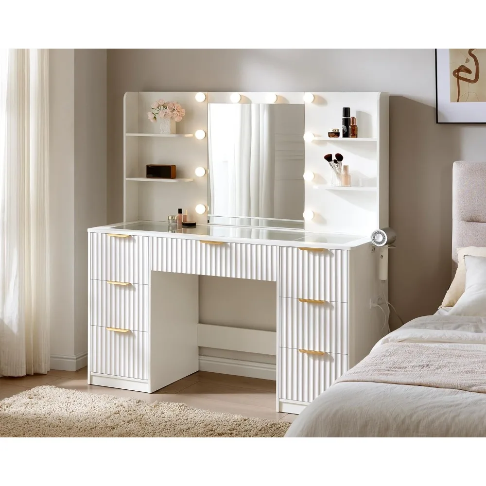 

47.2 Fluted Vanity Desk with Mirror and Adjustable LED Lights, Large 7 Drawers Makeup Table with Glass Top and Charging