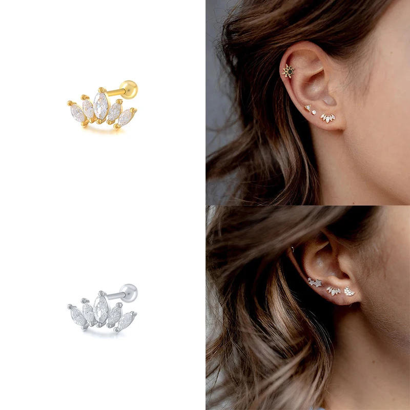 European and American 925 Sterling Silver Cute Zircon ear bone nail Mini Moon/Star Gold Silver color Piercing Jewelry