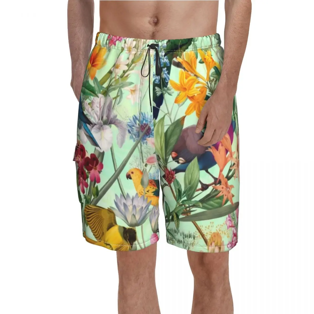 

Colorful Birds Print Board Shorts Tropical Paradise Floral Board Short Pants Drawstring Funny Print Swimming Trunks