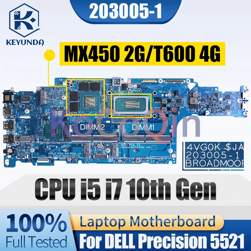 203005-1 For DELL Precision 5521 Notebook Mainboard i5 i7 10th Gen MX450 2G T600 4G 0M8317 0TXGC1 Laptop Motherboard Full Tested